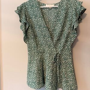 Green Floral Wrap Blouse